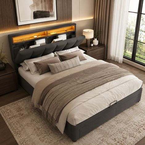 Lit coffre 160x200 cm avec led, lit capitonné avec étagères ouvertes, tête de lit rangement, avec 2 tiroirs et sommier à lattes, gris lin (1/5)