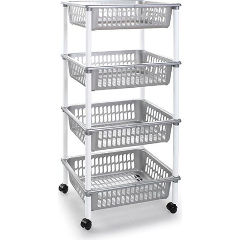 Tradineur PLFT Chariot à légumes en plastique avec 4 niveaux et roues, paniers empilables pour fruits, légumes, cuisine, salle de bain Argenté 85 x 40 x 30 cm (1/4)