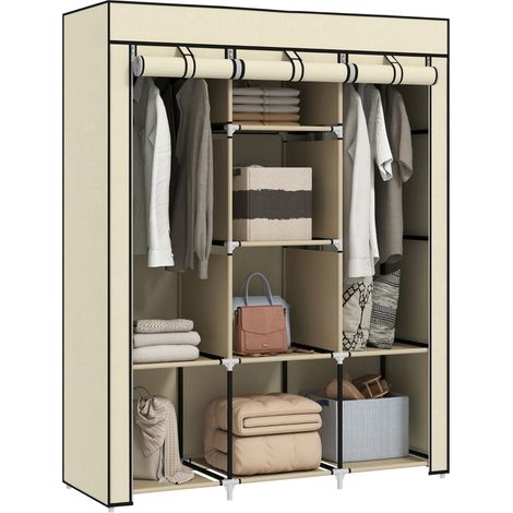 Armoire en tissu crème avec 8 étagères et 2 barres à vêtements pour un rangement pratique et élégant (1/5)