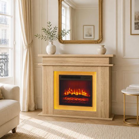 Cheminée électrique 750W/1500W, 7 couleurs de flamme avec télécommande, design Cool Touch et protection surchauffe, Chêne (1/5)