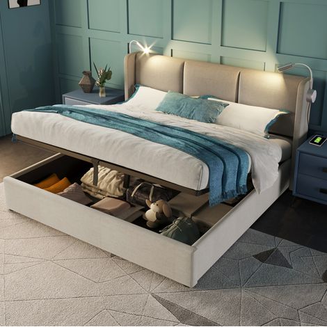 Lit coffre 140x200 capitonné avec tête de lit, liseuse USB, grand rangement, sommier à lattes et matelas 620 ressorts, beige tissu - CHICFURN pour chambre adulte (1/5)