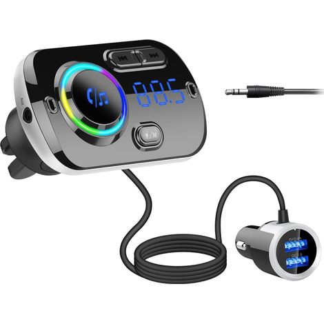 HIDOU Bluetooth-FM-Transmitter für Autoradios, Bluetooth 5.0 Adapter-Empfänger für Autoradios mit 7-farbig beleuchtetem Kfz-Ladegerät, zwei QC3.0/2,4A USB-Anschlüssen, Siri-Sprachassistent, Freisprech