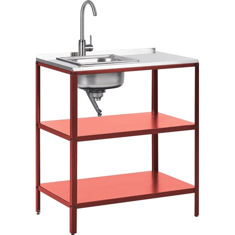 Outdoor Kitchen Island with Sink Red Stainless Steel 80 x 50 x 92 cm Single Lever Spout 2 Shelves Unit with Top Garden Kitchen Dining VILAMA