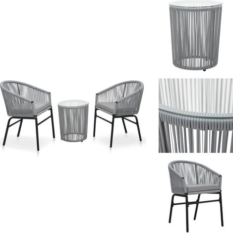 3-tlg. Bistro-Set mit Kissen PE-Rattan Grau - Outdoor Möbel - Gartenmöbel Set - Rattan Gartenstuhl - Glas Tisch - Balkonmöbel (1/5)