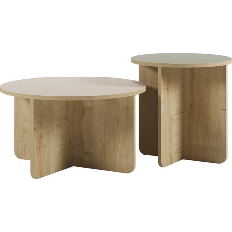 Ensemble tables basses Ø70 plateau beige et Ø50 plateau vert sauge pieds imitation bois - HESTIA