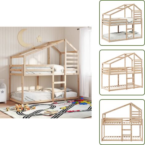 The Living Store Lit superposé sans matelas 90x200 cm bois de pin massif - Lit Superposé Enfant - Lit Cabane - Lit Double - Lit Avec Toit - Mobilier Enfant
