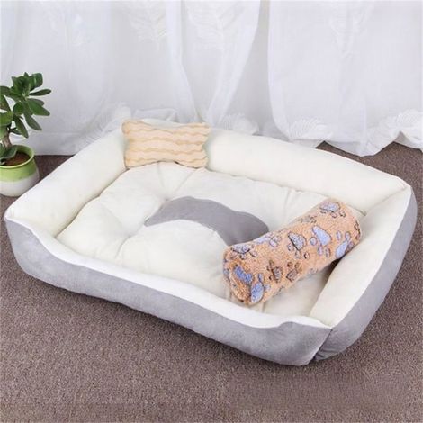 Panier pour chien rectangulaire gris - KAGOLOW - 50x40 cm - Motif d’os - Fond antidérapant - Coussin en peluche doux (1/4)