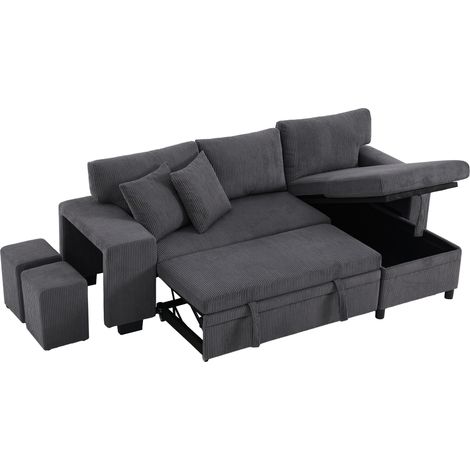 Convertible Ecksofa 3 Plätze aus Cord-Samt mit Truhe, USB, Type-C, Seitliches Regal und Breite Armlehnen, Grau (1/5)