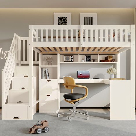 Okwish Lit mezzanine 90x200 cm avec escalier, bureau d'angle, rangement, bois, blanc (Sans matelas) (1/5)