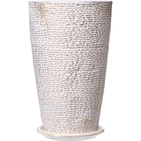 Lot de 2 grands pots de jardin hauts 53 cm, ronds, finition pierre, pour terrasse et porche, pour plantes et fleurs. (1/5)