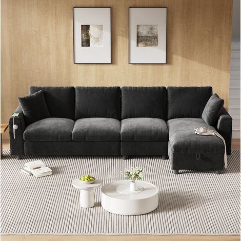 Sofá rinconero reversible de chenilla gris, con arcón y mesa abatible DESVIAE (1/5)