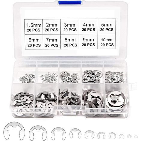 200-teiliges Edelstahl-E-Clip-Set – Äußere Sicherungsringe für Nuten – Größen 1,5 bis 10 mm – Korrosionsbeständig (1/5)
