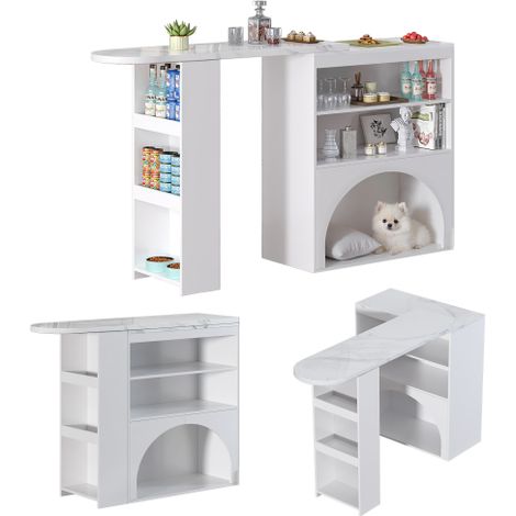 Table de salle à manger moderne hauteur bar (extensible), Table haute compacte pivotante — Inclut un espace dédié pour animaux (gamelles et coussin non inclus), Finition blanche, Plan de travail effet