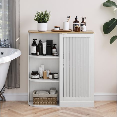 Meuble de salle de bains d'angle 68x25x76 cm en MDF blanc et chêne, avec rangement FloraGrace (1/5)
