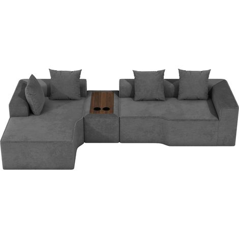 Divano angolare modulare a 3 posti con lato sinistro in velluto a coste compresso,con tavolino multifunzionale integrato,320x152x59cm,grigio (1/5)