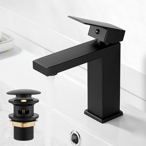 Robinet de salle de bain, noir, mitigeur de lavabo avec bonde pop-up, mitigeur monocommande, carré, avec drain, acier inoxydable (1/5)