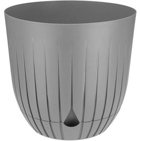 Maceta de plástico BRITTA con plato, tamaño 1, diámetro 13 cm, acanalada, diseño estriado, plástico, gris claro, mate (1/3)