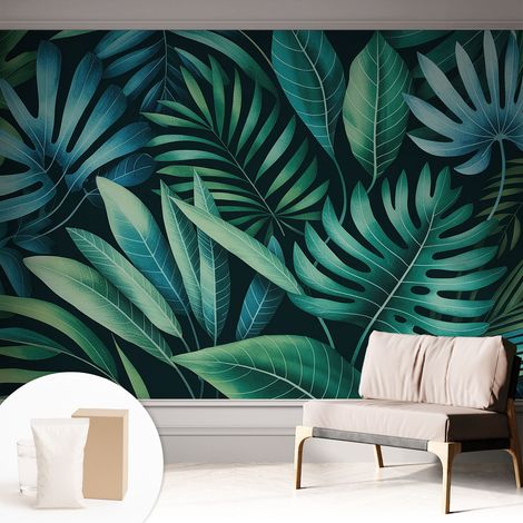 Tapete Vliestapete mit Kleber - abwaschbar - Arbeitszimmer - Esszimmer- Top Qualität Tropische Blätter 312x219 cm (1/5)