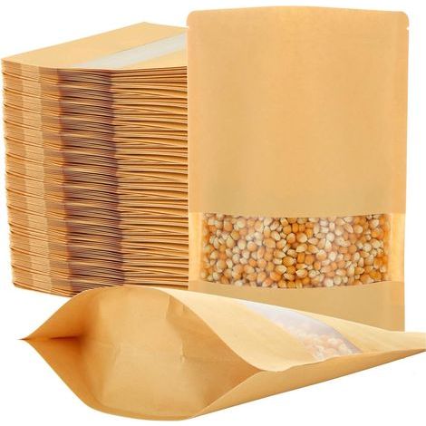 100 Pcs Sachet Zip Kraft 26 x 18 cm, Sachet Kraft Alimentaire avec Fenetre, Pochette Zip Kraft, Sac Kraft avec Fenetre pour Haricots, Thé, Épices, Fruits Secs (1/5)