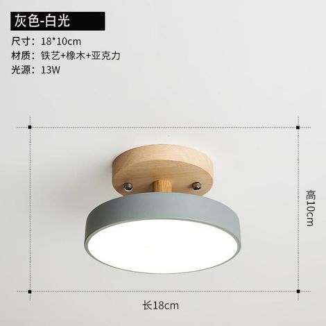 Aplique de pared estilo macaron nórdico para la entrada, lámpara de techo moderna y minimalista, iluminación creativa para balcón, fabricada en madera maciza gris (18 cm de diámetro), luz tricolor. (1/5)