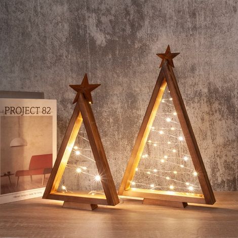 Decorazione natalizia - Albero di Natale in legno illuminato (2 pezzi) - Albero da tavolo fatto a mano con luci, ideale per la casa di campagna, la cucina, come porta tovaglie o come decorazione per f