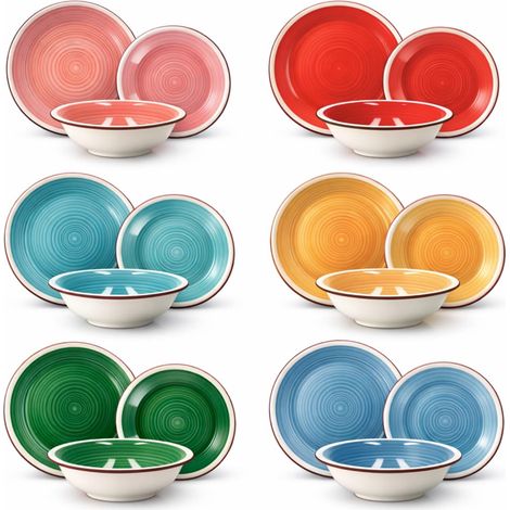 Set 18 piatti rotondi in ceramica colorati - Set per 6 persone composto da piatti fondi, piatti piani e piattini dessert (1/5)