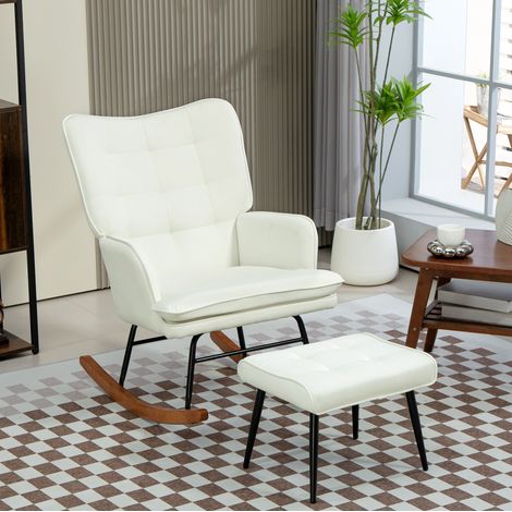 Sillón mecedora con taburete, 130 kg, efecto lino, blanco DESVIAE (1/5)