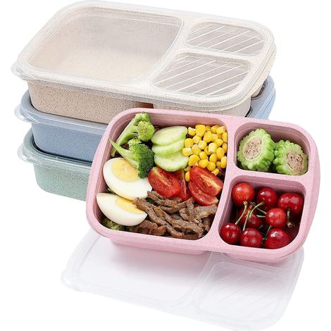 Set di 4 portapranzi Bento, con 3 scomparti, per bambini, contenitori per alimenti riutilizzabili (1/5)