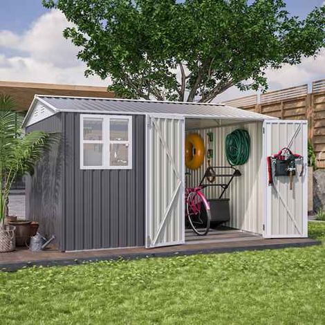 BIRCHTREE 10x10FT Steel Apex Garden Shed Tool Equipment Organize W/Window Door Grey