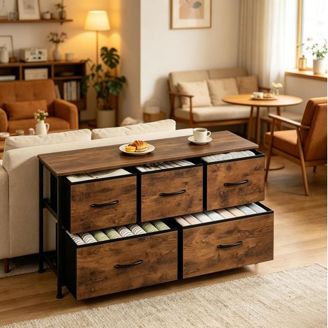 Kommode 100x54x30 cm Vintage Braun in Stoff, MDF und Metall mit 5 Schubladen und Industrial-Design (1/5)