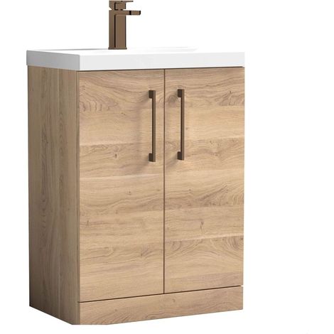Balterley Bramshall Contemporary Bathroom Floor Standing 2-Door Vanity & Basin, Bleached Oak, 600mm (1/4)
