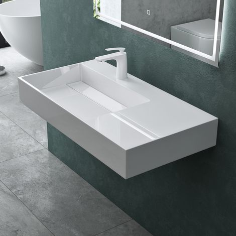 Mai & Mai Lavabo Suspendu Vasque à Poser Blanc 90cm Evier Lave Mains Salle de Bain sans Trop-plein Col12-900 L