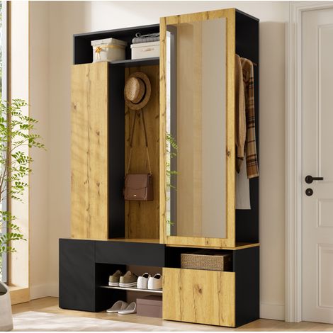 MDF-Garderobe mit Spiegel, Schuhregal und Haken 127 x 35 x 180,5 cm OKWISH (1/5)