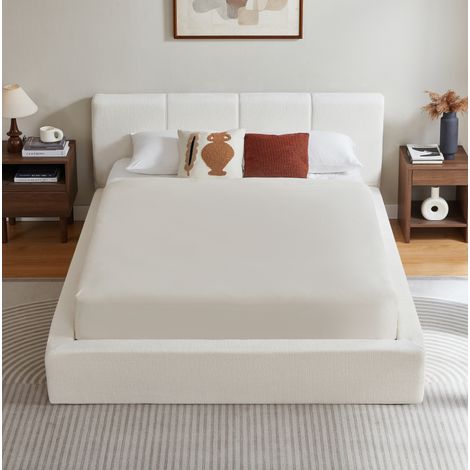 Cama doble 140x200 cm de acero blanco crema con cabecero acolchado – MEUBLIV (1/5)