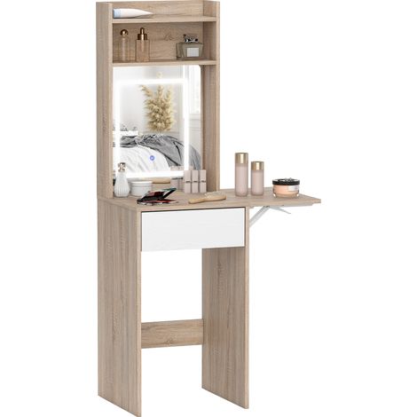 HOMCOM Compact Dressing Table with Lighted Mirror Open Shelves Natural Wood
