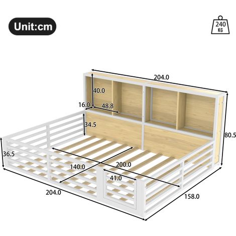Bett mit Schutzgitter 140×200 cm, Doppelbett mit LED und Seitenfächern, ohne Matratze, Weiß (1/4)