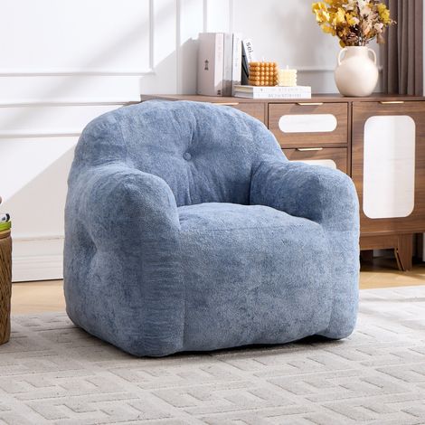 Fauteuil pouf bleu 95x95x79 cm en fausse fourrure garni mousse déchiquetée avec accoudoirs, salon chambre lecture, pas de montage (1/5)