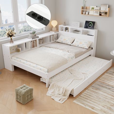 Lit adulte 120x200 cm en bois avec lit gigogne 90x190 cm, tête de lit rembourrée, LED et chargeur, blanc-espace de rangement latéral (1/5)