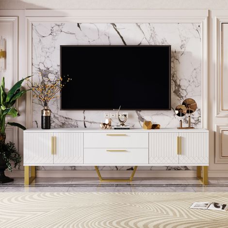 Armoire TV haute brillance: sol, poignets et pieds dorés, porte avec texture gravée, solution de stockage pour le salon, combinaison parfaite d'élégance, de luxe et de fonctionnalité (1/5)
