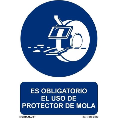 Señal que indica Es Obligatorio El Uso de Protector de Mola, (distintos formatos) SEKURECO                         100 x 150 mm                          ADHESIVOS DE VINILO (1/2)