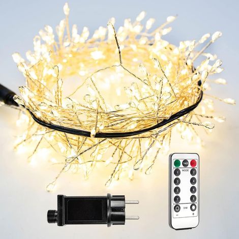 Guirlande Lumineuse de 15 m Type Pétard avec 500 LED Blanc Chaud, Prise Secteur, Fil d'Argent en Grappes pour Intérieur avec Télécommande, pour Sapin de Noël, Plantes, Chambre, Jardin