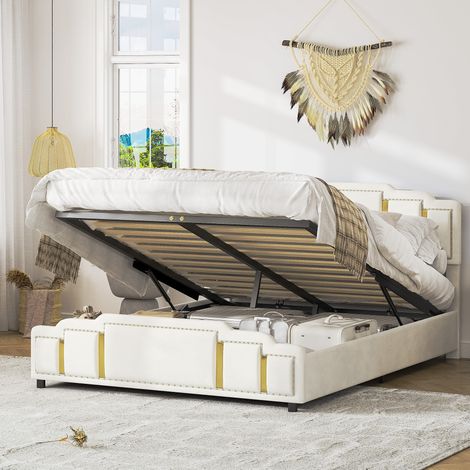 Bett Doppelbett Stauraum 160x200 Samt Beige OKMYHOME (1/5)