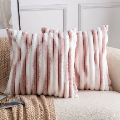 Housse De Coussin - Fausse Fourrure - 45 X 45 Cm - Rose Et Blanc - Lot De 2 (1/4)
