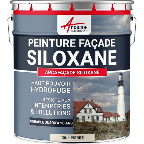 Arcane Industries – Peinture façade siloxane hydrofuge 10 L – Protection 20 ans – Résistante aux intempéries et à la pollution – Couleur Pierre RAL 090 90 10