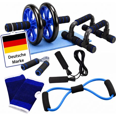 Relaxdays Fitness Set, 9-tlg., Bauchroller, Liegestützgriffe, Handtrainer, Springseil, Fitnessband, Kniematte, blau (1/5)