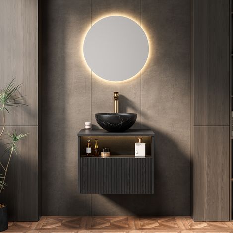 Mueble de lavabo suspendido de 60 cm negro con lavabo cerámico, cajón, estante y LED (1/5)