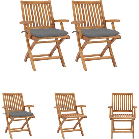 Holzstühle - vidaXL Gartenstühle 2 Stk. mit Grauen Kissen Massivholz Teak - Terrassenstühle (1/5)