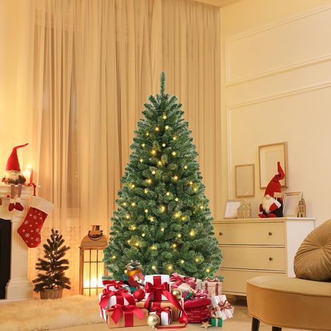 COSTWAY Sapin de Noël Artificiel 180 cm, Arbre de Noël Artificiel, 568 Branches en PVC, 200 Lumières LED Blanches Chaudes, 8 Modes d'Éclairage & Gants, Sapin à Charnières (1/5)