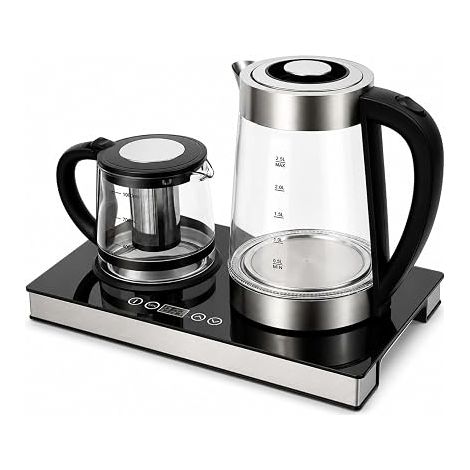 Bouilloire électrique 2,5 l + 1 l en acier inoxydable et verre avec fonction maintien au chaud, passoire à thé et écran tactile LCD 1500 W, arrêt automatique (1/5)