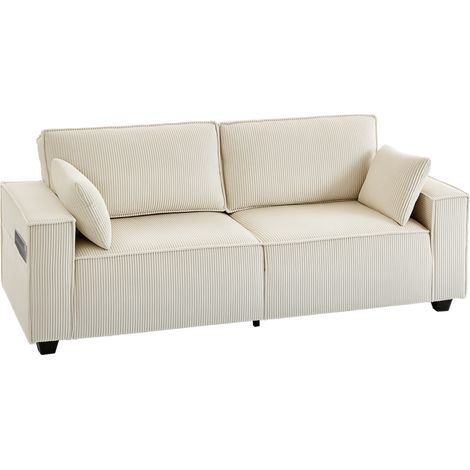 Dreisitzer-Cordsofa, 218 cm, Wohnzimmersofa, Federkernkissen, breite Armlehnen, 2 Kissen, beige